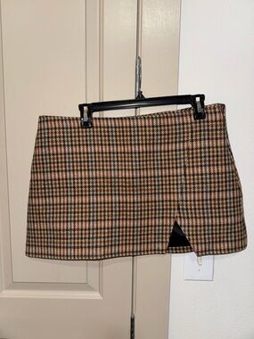 ALC Plaid Mini Skirt with Front Slit - Brown Pink